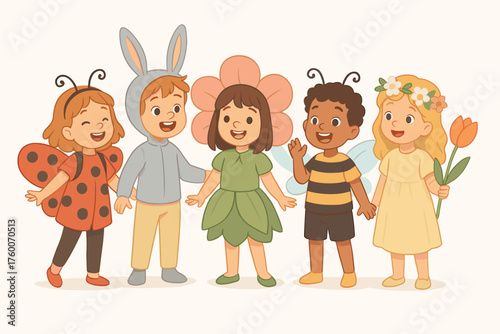 Children preparing for spring school play cartoon flat vector illustration 5 kids with costumes pastel palette cheerful mood.