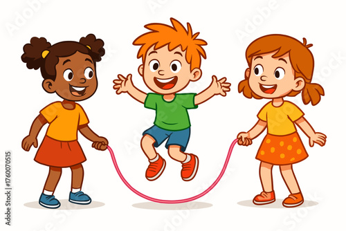 Children jumping rope cartoon flat vector illustration 3 kids holding rope bright multicolor palette playful energetic mood.