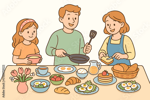Family preparing spring breakfast cartoon flat vector illustration 3 people with table of food pastel tones cozy cheerful mood.