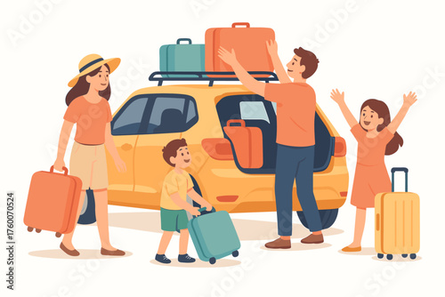 Family traveling with car luggage modern flat vector illustration 4 people loading bags pastel summer palette excited holiday mood.