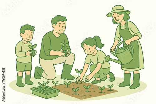 Family planting vegetable garden cartoon flat vector illustration 4 people with watering can and seedlings green pastel palette hopeful cheerful mood.