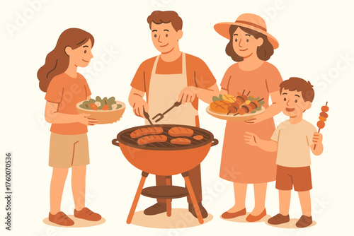 Family preparing barbecue in backyard detailed flat vector illustration 4 people with grill and food warm pastel palette relaxed mood.
