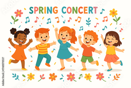 Children dancing at spring concert cartoon flat vector illustration 5 kids with colorful clothes playful multicolor palette joyful festive mood.
