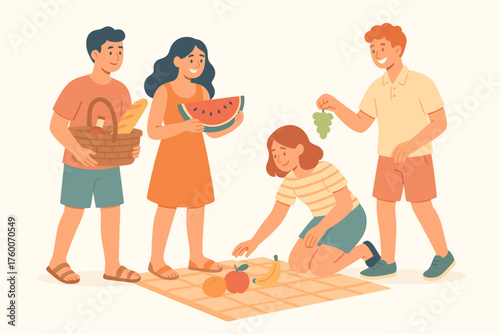Friends preparing summer picnic modern flat vector illustration 4 people with basket and fruits pastel summer palette relaxed cheerful mood.