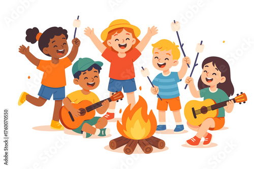 Children celebrating summer campfire night cartoon flat vector illustration 5 kids with marshmallows and guitars playful multicolor palette joyful festive mood.