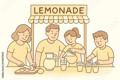 Family preparing lemonade stand doodle flat vector illustration 4 people cutting lemons and pouring drinks pastel palette cheerful cooperative mood.