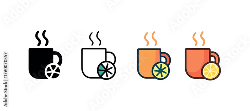 Vector icon steaming mug with lemon winter same pose same proportions four styles black solid glyph outline minimal flat multicolor filled cartoon flat shaded.