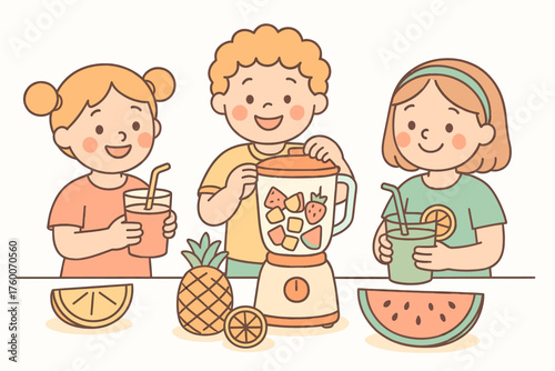 Children making summer fruit drinks outlined flat vector illustration 3 kids with blender and cups pastel fruity palette playful cheerful mood.