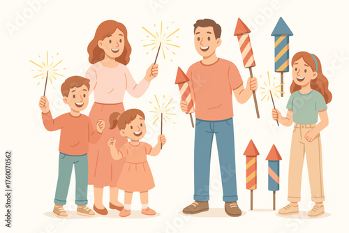 Family preparing fireworks for holiday detailed flat vector illustration 5 people with sparklers and rockets pastel festive palette excited cheerful mood.