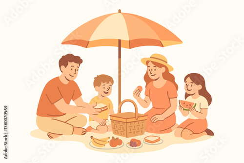 Family enjoying picnic under umbrella doodle flat vector illustration 4 people with food basket pastel warm palette cheerful relaxed mood.