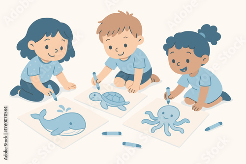 Children painting sea animals doodle flat vector illustration 3 kids with crayons and paper pastel blue palette playful creative mood.