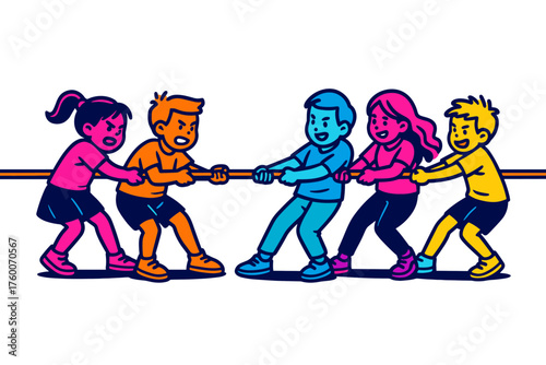 Children playing tug of war flat neon vector illustration 5 kids pulling rope bright neon palette energetic competitive mood.
