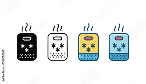 Vector icon air purifier winter same pose same proportions four styles black solid glyph outline minimal flat multicolor filled cartoon flat shaded.
