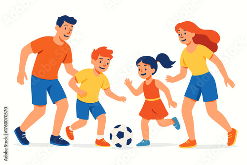 Family playing football in park cartoon flat vector illustration 4 people with ball bright playful palette energetic summer mood.