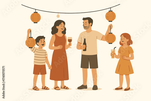 Family celebrating summer evening party retro flat vector illustration 4 people with lanterns and drinks muted warm palette festive relaxed mood.