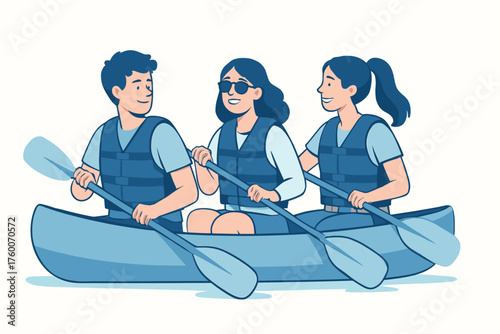Friends enjoying boat ride modern flat vector illustration 3 people with oars and lifejackets pastel blue palette relaxed summer mood.