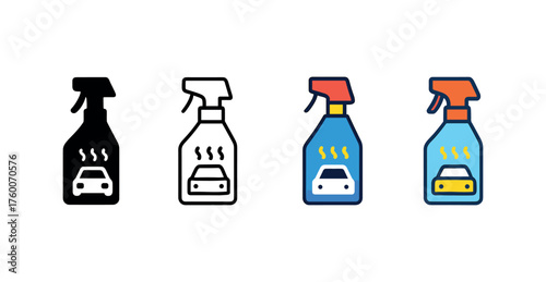 Vector icon deicer spray winter car same pose same proportions four styles black solid glyph outline minimal flat multicolor filled cartoon flat shaded.