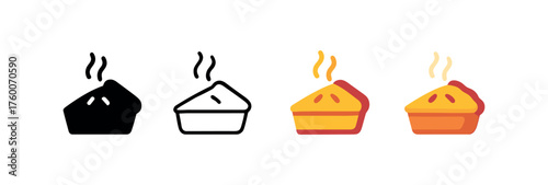 Vector icon pie thanksgiving same pose same proportions four styles black solid glyph outline minimal flat multicolor filled cartoon flat shaded.