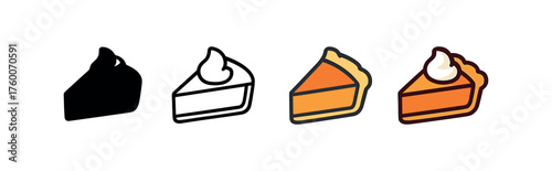 Vector icon pumpkin pie thanksgiving same pose same proportions four styles black solid glyph outline minimal flat multicolor filled cartoon flat shaded.