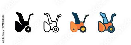 Vector icon snow blower winter same pose same proportions four styles black solid glyph outline minimal flat multicolor filled cartoon flat shaded.