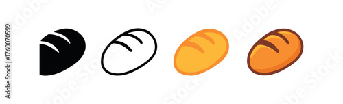 Vector icon bread loaf thanksgiving same pose same proportions four styles black solid glyph outline minimal flat multicolor filled cartoon flat shaded.