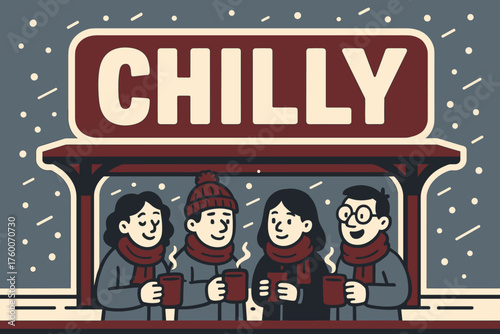 Chilly train platform banner flat vector illustration bold oversized text inside outline cartoon characters waiting under banner used as station canopy scarves and coffee mugs in hands.