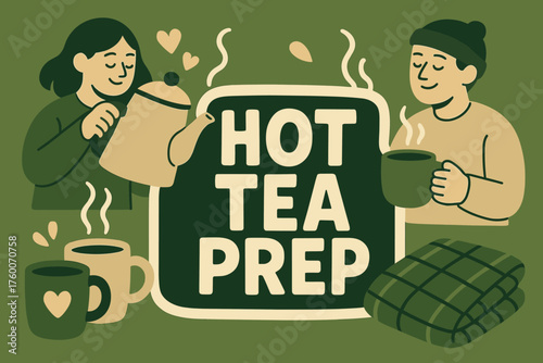 Hot tea prep banner flat vector illustration bold oversized text inside outline cartoon characters brewing tea beside banner plaid blanket and mugs nearby moss green and beige color scheme.