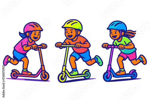 Children racing on scooters flat neon vector illustration 3 kids with helmets bright neon palette energetic playful mood.
