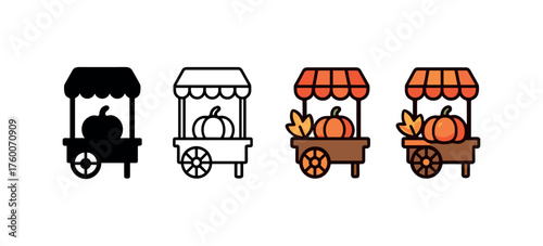 Vector icon autumn market thanksgiving same pose same proportions four styles black solid glyph outline minimal flat multicolor filled cartoon flat shaded.