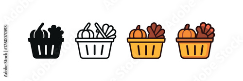 Vector icon thanksgiving shopping basket same pose same proportions four styles black solid glyph outline minimal flat multicolor filled cartoon flat shaded.