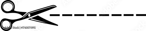 Black scissors cutting along dotted line. Clean minimal design, for concepts of separation and decision making.
