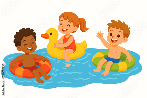 Children swimming with rubber rings cartoon flat vector illustration 3 kids in pool with colorful inflatables playful multicolor palette joyful summer mood.