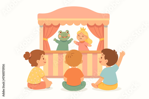 Children watching summer puppet show cartoon flat vector illustration 3 kids with theater stage pastel multicolor palette cheerful festive mood.