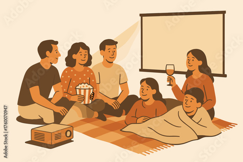 Friends watching outdoor movie night retro flat vector illustration 5 people with projector and blanket muted warm palette cozy festive mood.