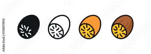 Vector icon nutmeg thanksgiving same pose same proportions four styles black solid glyph outline minimal flat multicolor filled cartoon flat shaded.