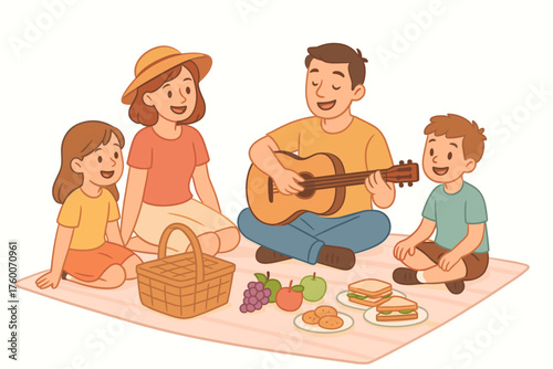 Family enjoying picnic with guitar music cartoon flat vector illustration 4 people with food basket and guitar pastel outdoor palette cheerful relaxed mood.