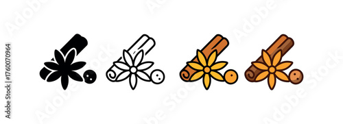 Vector icon seasonal spices thanksgiving same pose same proportions four styles black solid glyph outline minimal flat multicolor filled cartoon flat shaded.