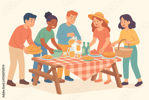 Friends preparing picnic table modern flat vector illustration 5 people arranging food and drinks pastel festive palette cooperative cheerful mood.