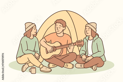 Friends camping with guitar music outlined flat vector illustration 3 people sitting near tent with instrument pastel outdoor palette cozy relaxed mood.