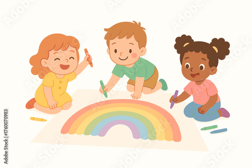 Children drawing summer rainbow cartoon flat vector illustration 3 kids with crayons and big paper pastel multicolor palette playful cheerful mood.