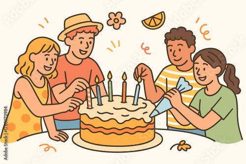 Friends decorating summer birthday cake doodle flat vector illustration 4 people adding candles and cream pastel bright palette festive cheerful mood.