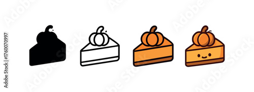 Vector icon pumpkin cheesecake thanksgiving same pose same proportions four styles black solid glyph outline minimal flat multicolor filled cartoon flat shaded.