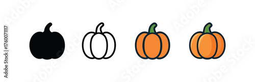 Vector icon pumpkin harvest thanksgiving same pose same proportions four styles black solid glyph outline minimal flat multicolor filled cartoon flat shaded.