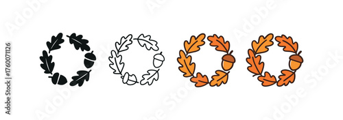 Vector icon autumn wreath thanksgiving same pose same proportions four styles black solid glyph outline minimal flat multicolor filled cartoon flat shaded.