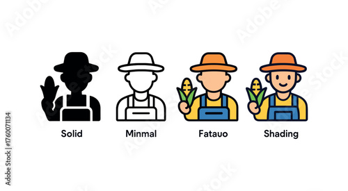 Vector icon farmer with corn thanksgiving same pose same proportions four styles black solid glyph outline minimal flat multicolor filled cartoon flat shaded.