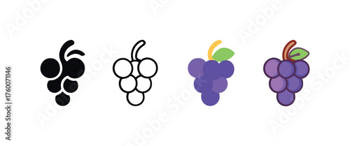 Vector icon grapes harvest thanksgiving same pose same proportions four styles black solid glyph outline minimal flat multicolor filled cartoon flat shaded.