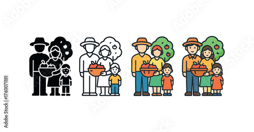 Vector icon family in orchard thanksgiving same pose same proportions four styles black solid glyph outline minimal flat multicolor filled cartoon flat shaded.