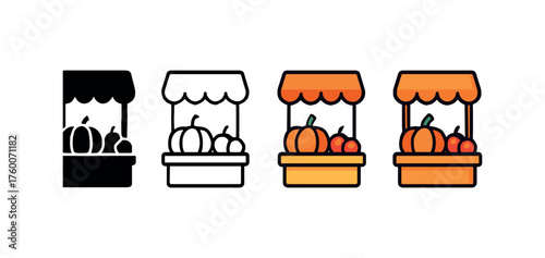 Vector icon harvest fair stand thanksgiving same pose same proportions four styles black solid glyph outline minimal flat multicolor filled cartoon flat shaded.
