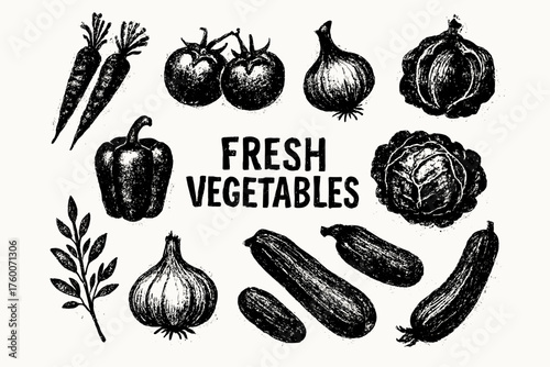 Collection of Grunge artistic black illustrations of vegetables and organic food designs carrots tomatoes onions peppers cabbages herbs garlic cucumbers zucchini natural vegetable sketch.