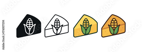 Vector icon corn bread slice thanksgiving same pose same proportions four styles black solid glyph outline minimal flat multicolor filled cartoon flat shaded.